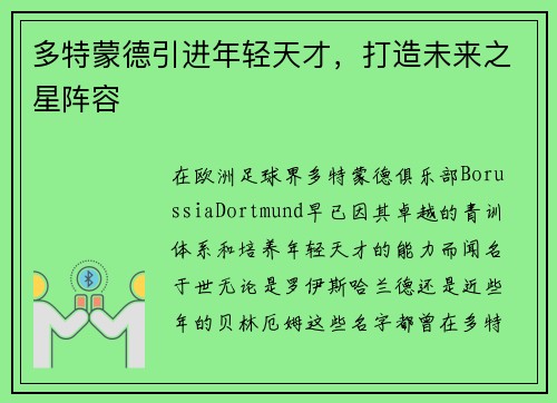 多特蒙德引进年轻天才，打造未来之星阵容