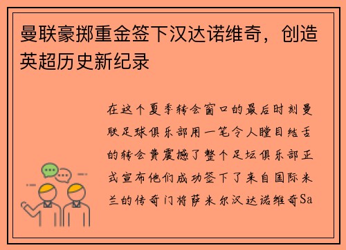 曼联豪掷重金签下汉达诺维奇，创造英超历史新纪录